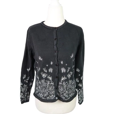 Vintage 90s Talbots black knit white floral embroidered cardigan sweater S - Image 1 of 4