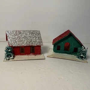 2 Vintage Christmas Village Putz Houses Cardboard with Glitter & Trees Japan - Picture 1 of 7