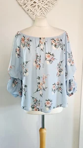 Ladies Peacocks Blue Pink Floral Ruched Puff Sleeve Boho Bardot Blouse Size 14 - Picture 1 of 6