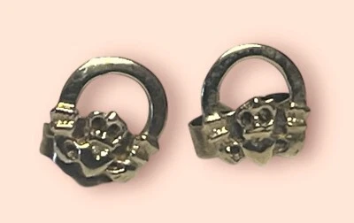 Real Solid 14K Yellow Gold Polished Claddagh Irish Celtic Symbol Post Earrings - Image 1 of 4