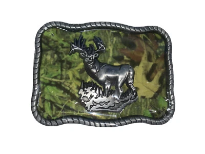 Hebilla de cinturón de metal Buck Deer camuflaje fondo verde 3-7/8" x 2-7/8" NUEVO Foto 1 de 4