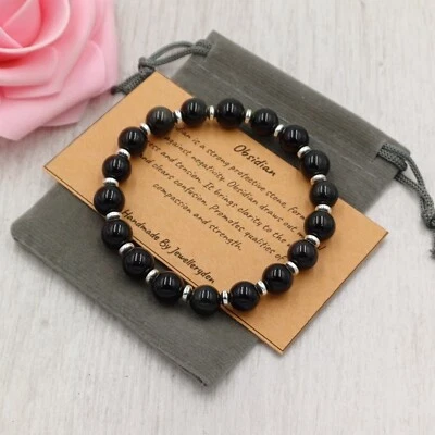 OBSIDIAN Bracelet Stretch Fit Handmade + Gift Bag & Card Crystal Gemstone 6/8mm - Image 1 of 4