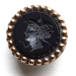 Antique Stud Button Black Glass In Metal Etched Cameo Head 7/8"