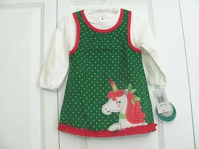 NUEVO CON ETIQUETAS 12 MESES NANNETTE BEBÉ NIÑA L/S NAVIDAD UNICORNIO ~ CONJUNTO DE 2 PIEZAS Foto 1 de 3
