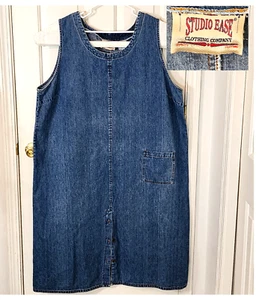 Vtg Studio Ease Women 26W Dress Blue Sleeveless Maxi Cotton Front Button Slit - Picture 1 of 14
