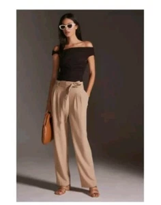 Anthropologie Maeve Women’s 12P Honey Beige Tie Waist Wide Leg Tailored Pants  - Picture 1 of 8