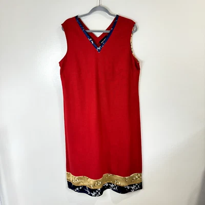 Vestido Camisa Midi Vintage Saint Tropez West Lino Rojo Talla 14 Cheongsam Satén Floral Foto 1 de 4