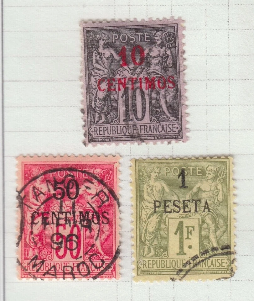 FRENCH MOROCCO 1891-1900 USED SC #3, 6-7 PEACE & COMMERCE CAT $115.95 - Image 1 of 1
