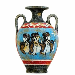 Ancient Greek Minoan Amphora Ceramic Pottery Vase Fresco Mural Ladies in Blue - Picture 1 of 5