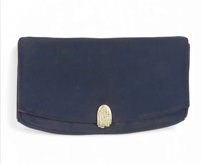 VINTAGE Garay Navy Blue Clutch Bag Purse SILVER RHINESTONE LEVER CLASP BROOCH - Image 1 of 4