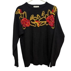 Eminent Womens Black Sweater With Red Yellow Floral Embroidery Wool Blend Medium - Picture 1 of 6