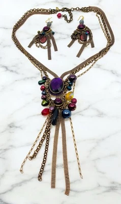 Вышедший из обращения CHICO'S фиолетовый аметист стекла бусина заявление ожерелье серьги комплект 25» L - Изображение 1 из 4