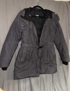 The North Face Parka Womens Small Goose Down Gray FAUX Fur Trim Belted Puffer - Picture 1 of 23