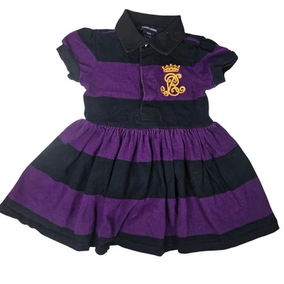 Ralph Lauren 3T Purple Black Striped Rugby Polo Dress Gold Crest - Image 1 of 4