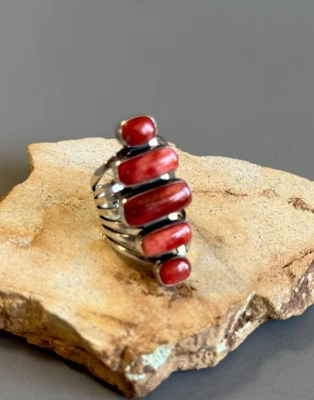 GERTRUDE ZACHARY из чистого серебра длинный 5-камень красный колючая устрица заявление кольцо - Изображение 1 из 4