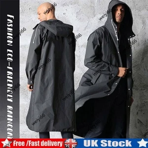 Long Raincoat Mens Waterproof Rain Coat Black Hooded Trench Jacket OutdoorHiking - Picture 1 of 16