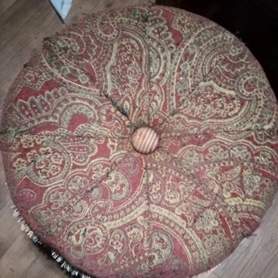 Vintage custom  Tapestry Deep Burgundy Covered Wooden Stool with flaw  - Image 1 of 4