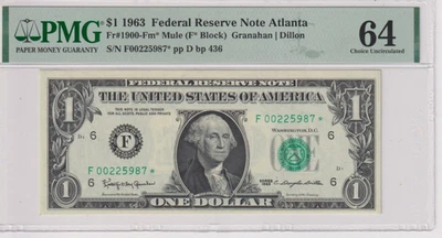 Fr 1900-Fm* MULE STAR 1963 $1 FRN F00225987* bp 436 PMG 64 ATLANTA GREEN SEAL - Image 1 of 2