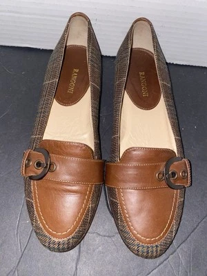 RANGONI Zapatos planos mocasines a cuadros de cuero marrón oscuro talla 5,5 hechos en Italia Foto 1 de 4