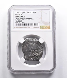 VF Dtls (1702-33) Mo Mexico 4 Real Philip V (12.52g) Saltwater Damage NGC *4073 - Picture 1 of 3