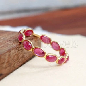 Natural Pink Ruby Oval Eternity Solid 18k Gold Partywear Gift Women Ring Jewelry - Picture 1 of 5