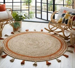 Round Jute Rug with Tussle Braided Boho Rug Rustic Look Living Room Area Rug - Picture 1 of 4