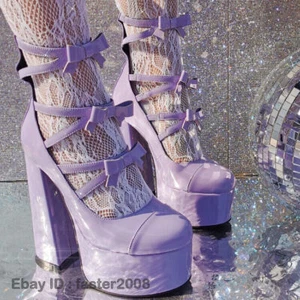 Women's Shoes Lolita Pumps Platform Block Heels Bow Back Zip High Heels Clubwear - Picture 1 of 10