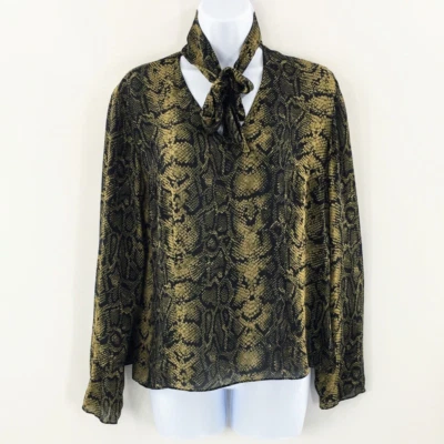 Vtg Silk Snake Print Blouse Green Black Tie Neck Pullover Long Sleeve Blouse — 第 1/4 张图片