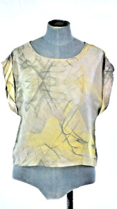 Topshop Top Bluse abstrakter Druck grau gelb Rundhals Rücken Reißverschluss abstrakt UK 6