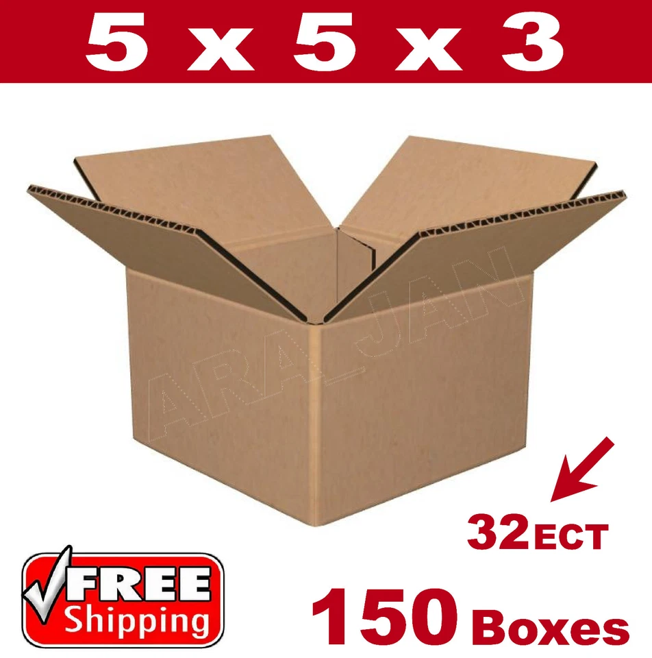 150 - 5x5x3 Cardboard Boxes Mailing Packing Shipping Box 32ECT Corrugated Carton - Image 1 of 1