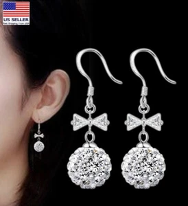 925 Sterling Silver Women Earrings Crystal CZ Bow Tassel 3D Bling Spherical 1268 - Picture 1 of 4