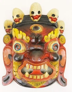 F1080 Hand Crafted Wooden Mask of Hindu God Bhairab Wall Hanging Made In Nepal - Picture 1 of 5