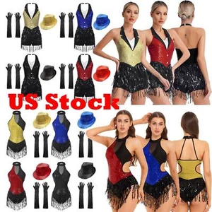 Women Modern Dance Costumes Sequins Latin Jazz Tango Dance Leotard Bodysuit Set - Picture 1 of 77