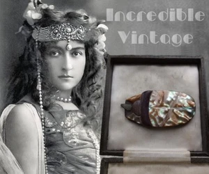 Antique Egyptian Revival SCARAB Pendant 1920s Art Deco Carved Horn MOP Necklace - Picture 1 of 11