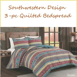 Southwest Aztec Multicolor Quilted Bedspread 3 Piece Set Western Bedding Set - Picture 1 of 2