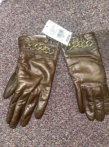 Bloomingdales Ladies Gloves Brown Size 6 1/2 Po $125 Brass Link Chain Accessory - Picture 1 of 5