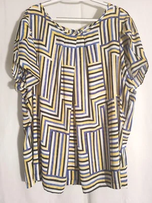 Liz Claiborne-NWT-Blue Yellow Black White Striped Short Sleeve Top Blouse-3X - Image 1 of 4