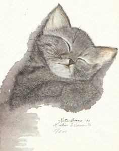 Impresión de gato firmada vintage 1976 #5 de 500 Katie Evans 8,5" x 9,5" Sleeping Cat M4 - Imagen 1 de 2