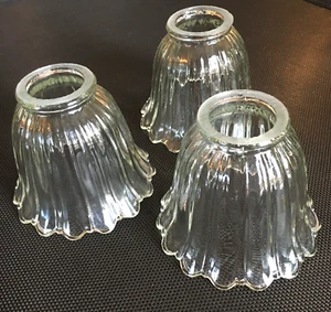 3-Set Vintage Glass Lamp Shades Clear Scallop-Edge Ribs Bell Tulip Desk/Ceiling - Picture 1 of 11