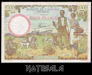 TUNISIA TUNISIE 1000 1,000 FRANCS 1946 Pick-26a VF S/N W.292 669 **SCARCE** - Picture 1 of 2