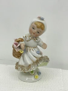 Norcrest Porcelain Little Girl Spaghetti Trim F-15 Basket Flowers Figurine *669 - Picture 1 of 6