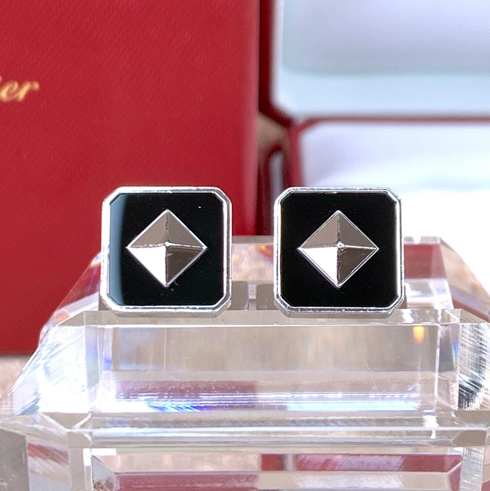 Gemelos Cartier raros de plata de ley 925 pirámide esmalte negro decoración Foto 1 de 4