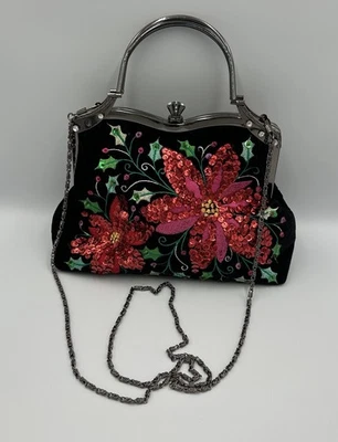 Cartera vintage VENDULA terciopelo negro pedrería lentejuelas flores de pascua Foto 1 de 4