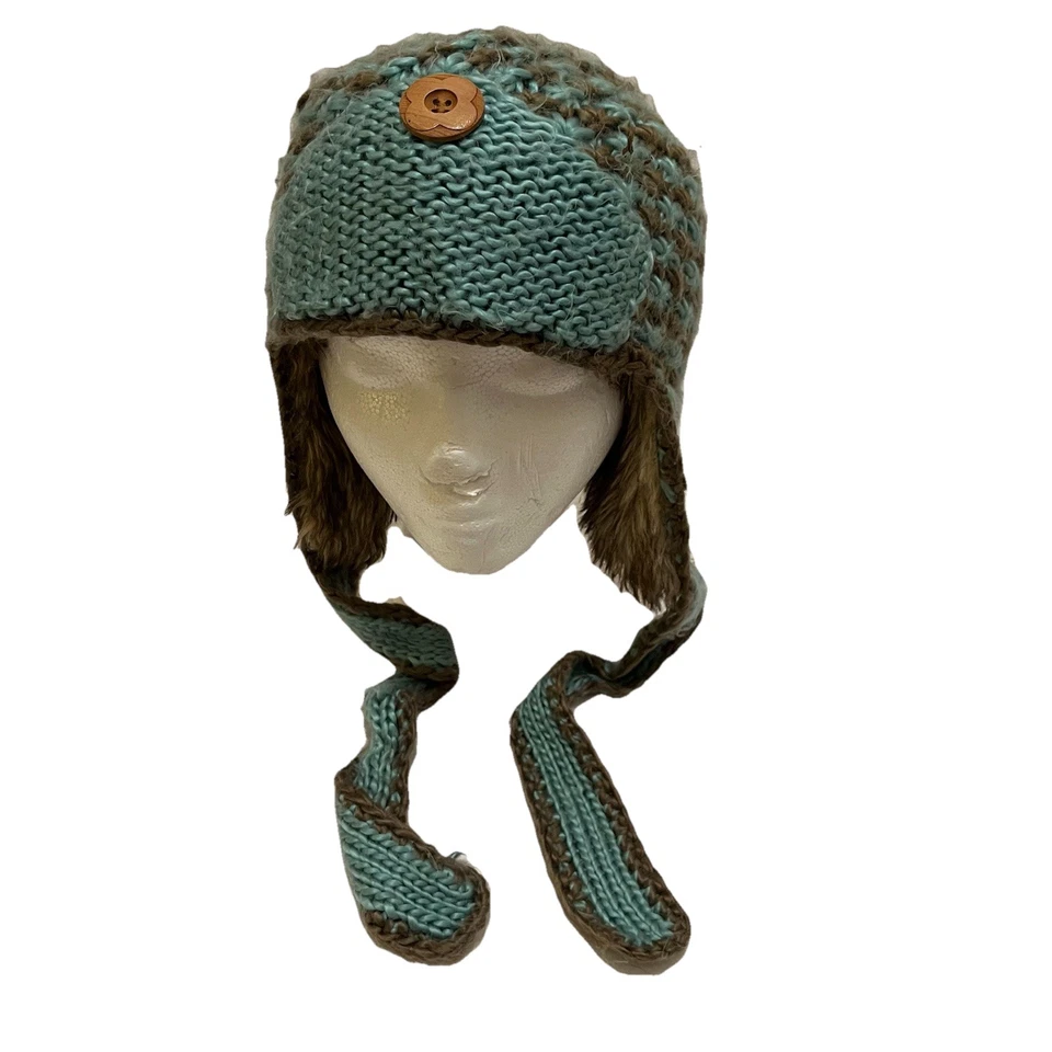 Sombrero de invierno tejido azul acrílico pistilo con correa para la barbilla talla única adulto piel sintética Foto 1 de 4