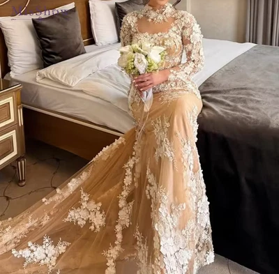 Elegant Mermaid Wedding Dresses High Neck 3D Floral Lace Long Sleeves Nude - Изображение 1 из 4