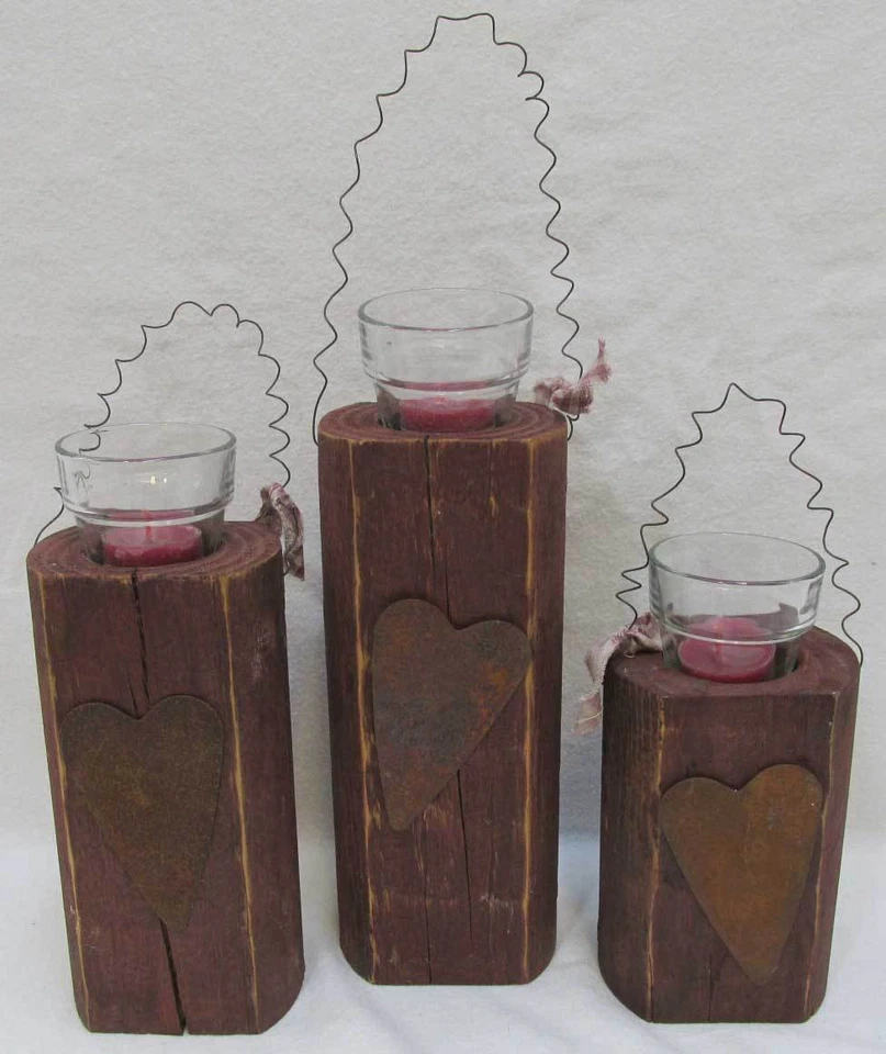 Juego de 3 Candelabros Rústicos con Corazones Votivos Luces de Té Rojo País Foto 1 de 1