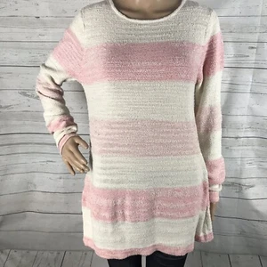 Calvin Klein Sweater Large Pink White Striped Sheer Inset Back Cotton Blend Knit - Picture 1 of 12