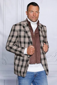 NWT 44R, BROWN PLAID MENS BLAZER,TAILOR FIT, 2 SIDE VENT, VEGAN SUEDE VEST - Picture 1 of 1