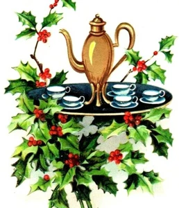 1911 Christmas Teapot & Cups Table Holly  Embossed Postcard (A20) - Picture 1 of 3