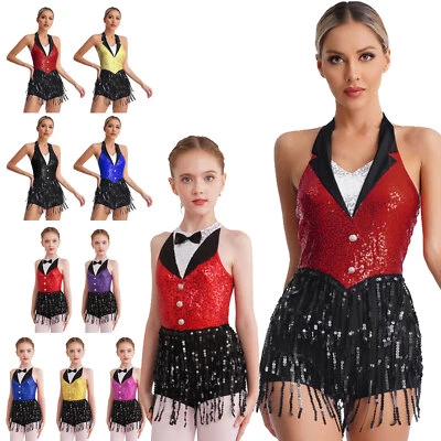 Womens Sequins Leotard Set Ballroom Dance Dress Costume Cocktail Outfits Gloves - Image 1 of 4